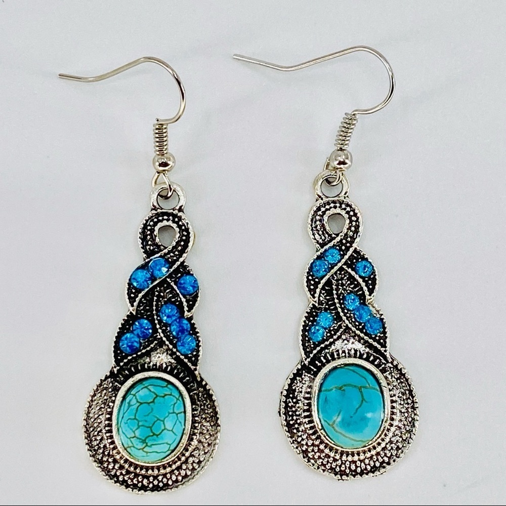 Turquoise Crystal Silver Tone Drop Earrings